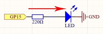 Schematic for Pico GP15 controlling an external LED through a resistor
