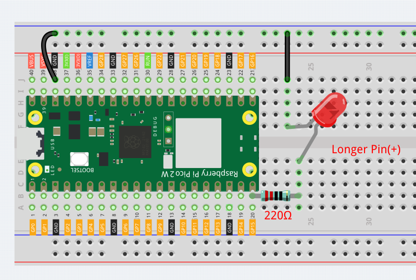 Breadboard wiring for Pico 2 W, resistor, and external LED