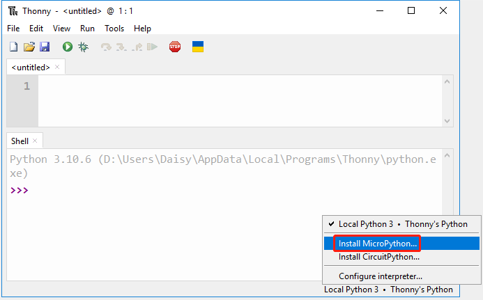 Thonny interpreter menu with install MicroPython option