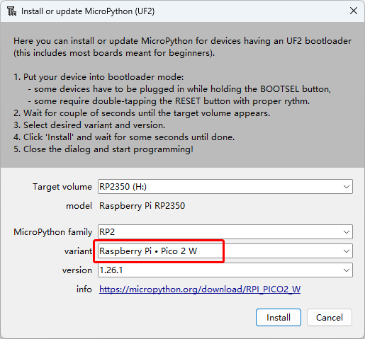 Thonny MicroPython install dialog for Pico 2 W