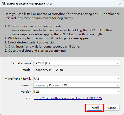 Thonny MicroPython install dialog after Pico 2 W selection
