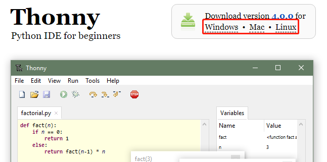 Thonny website download area