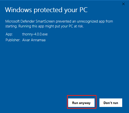 Browser or Windows warning while downloading Thonny