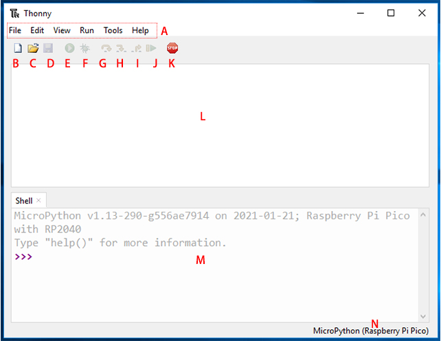 Annotated Thonny IDE interface