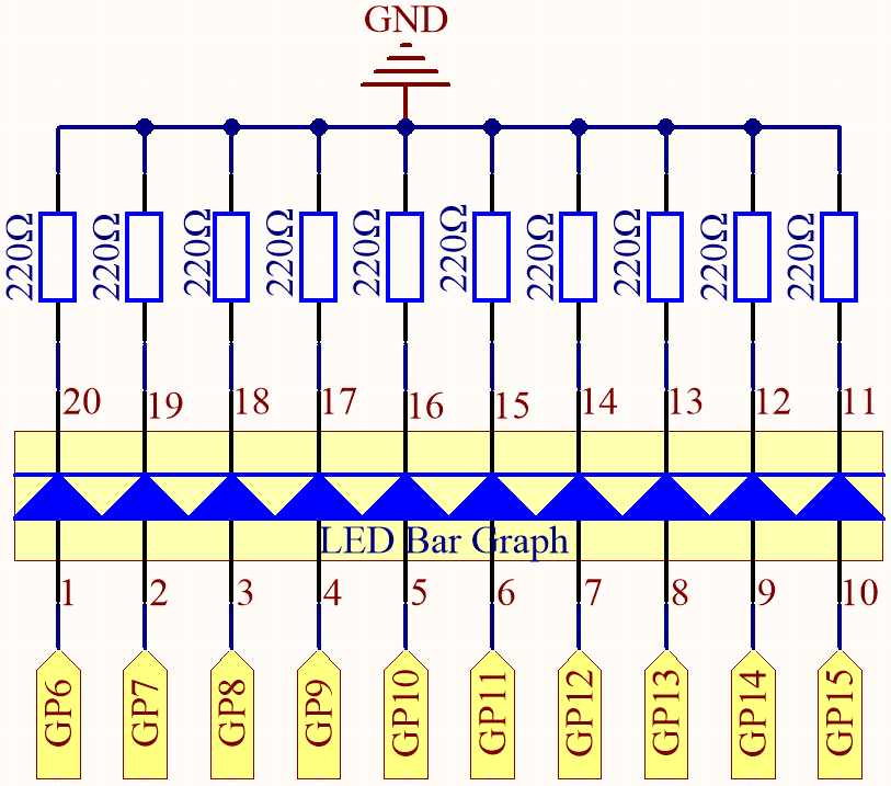 Schematic for ten Pico GPIO pins driving an LED bar graph through resistors