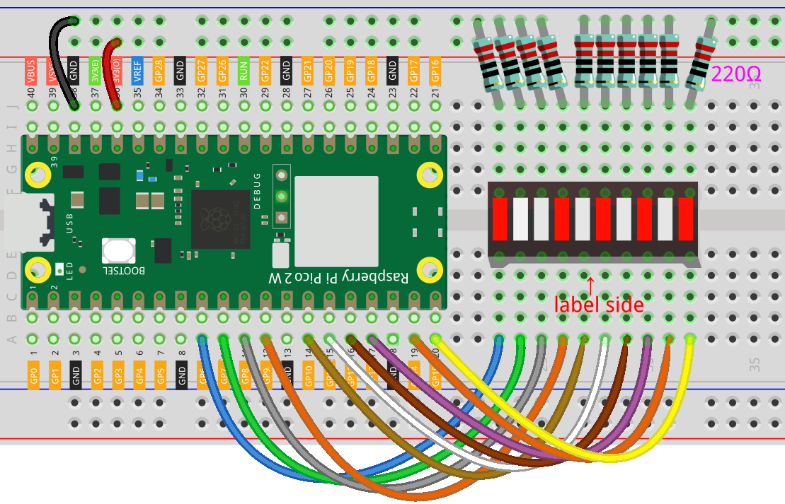 Breadboard wiring for Pico 2 W and LED bar graph