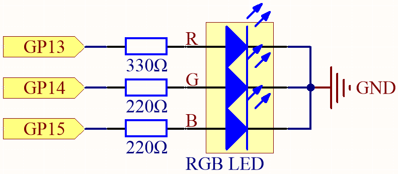 Schematic for Pico 2 W controlling RGB LED with three PWM pins