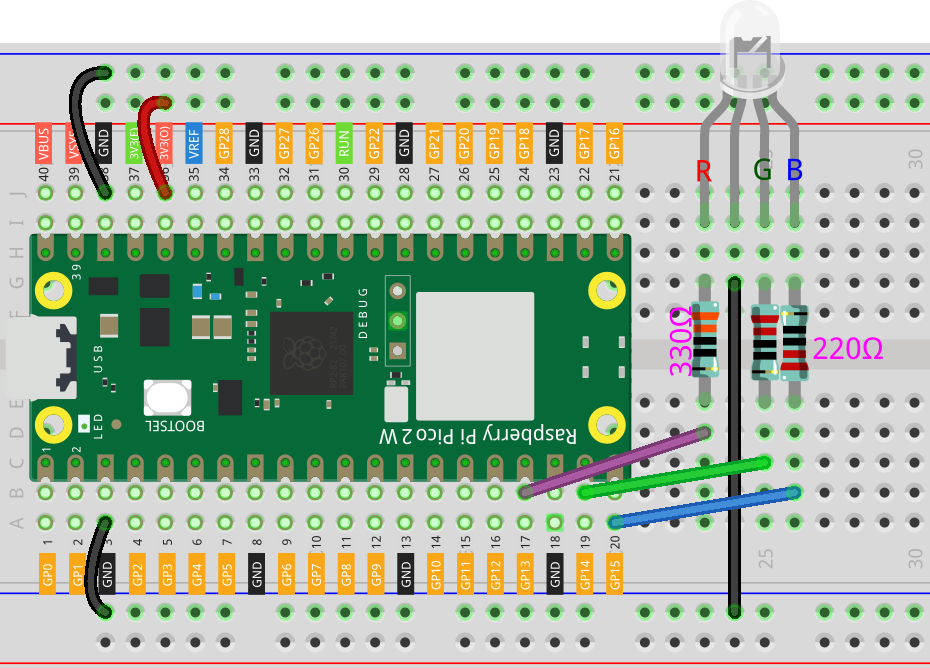 Breadboard wiring for Pico 2 W and common cathode RGB LED