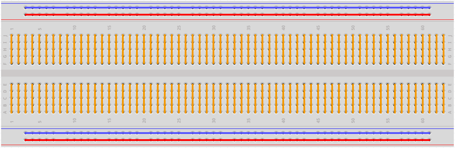 Diagram of breadboard internal metal strip connections