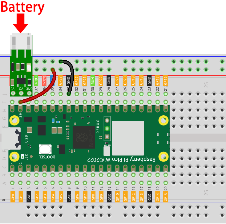 Li-po charger module wired with a Raspberry Pi Pico on a breadboard