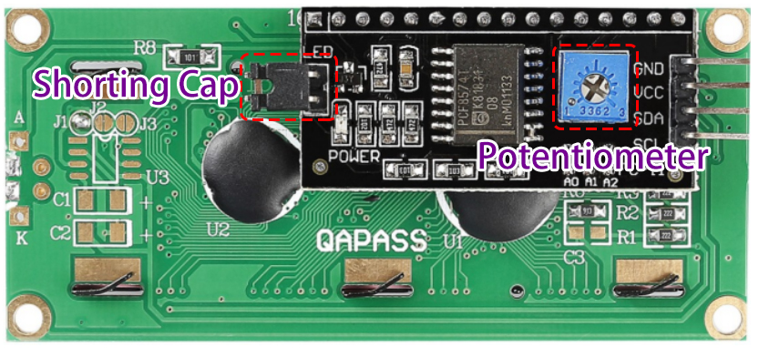 LCD1602 backlight jumper and contrast potentiometer