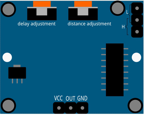 Back of PIR module showing adjustment controls and jumper